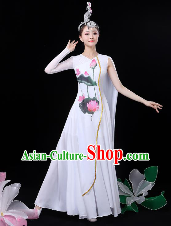 Chinese Umbrella Dance White Dress Traditional Lotus Dance Performance Clothing Classical Dance Costume