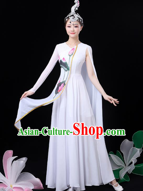 Chinese Umbrella Dance White Dress Traditional Lotus Dance Performance Clothing Classical Dance Costume