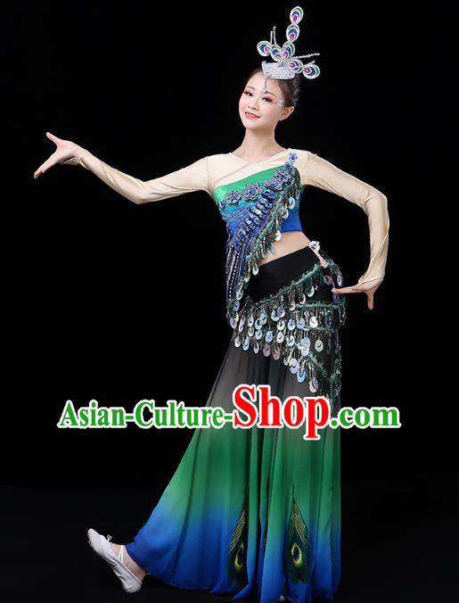 Chinese Yunnan Ethnic Folk Dance Costume Traditional Dai Minority Nationality Peacock Dance Sequins Tassel Dress Outfits