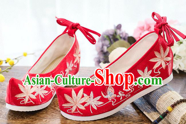 China Traditional National Woman Shoes Embroidered Maple Leaf Shoes Handmade Wedding Red Cloth Shoes