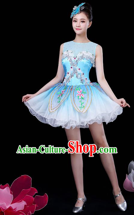 China Jazz Dance Embroidered Blue Bubble Dress Spring Festival Gala Opening Dance Costume Modern Dance Clothing