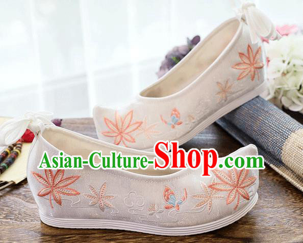 China Embroidered Maple Leaf Shoes Handmade White Cloth Shoes Traditional National Woman Shoes