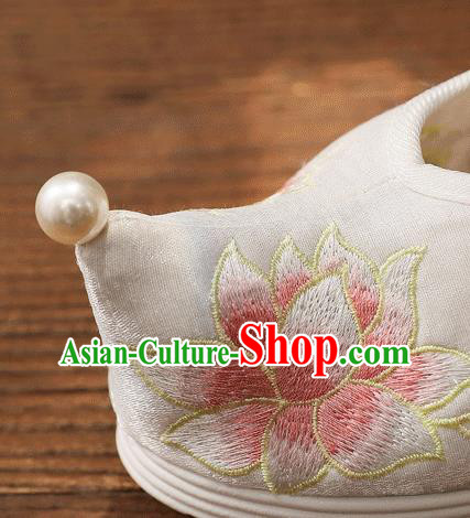 China White Embroidered Lotus Shoes Handmade Hanfu Bow Shoes Traditional National Woman Cloth Shoes