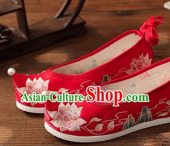 China Handmade Bride Bow Shoes Traditional Wedding Shoes Embroidered Lotus Shoes Hanfu Shoes