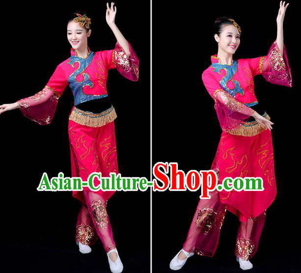 China Yangko Dance Rosy Uniforms Folk Dance Fan Dance Clothing Drum Dance Costume