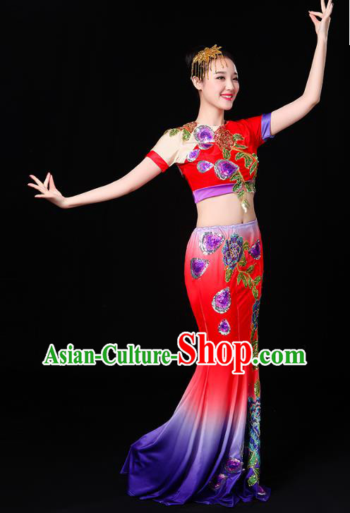 Chinese Yunnan Ethnic Performance Costume Traditional Dai Minority Nationality Peacock Dance Red Dress Outfits
