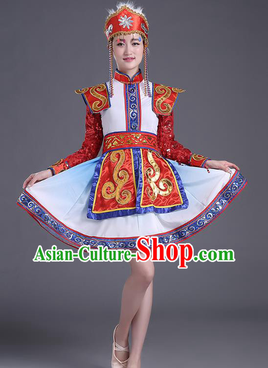 Chinese Traditional Mongol Minority Nationality Folk Dance Short Dress Outfits Mongolian Ethnic Performance Costume