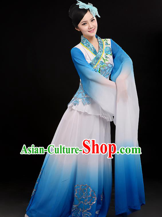 Chinese Umbrella Dance Blue Outfits Traditional Water Sleeve Dance Costume Classical Dance Clothing
