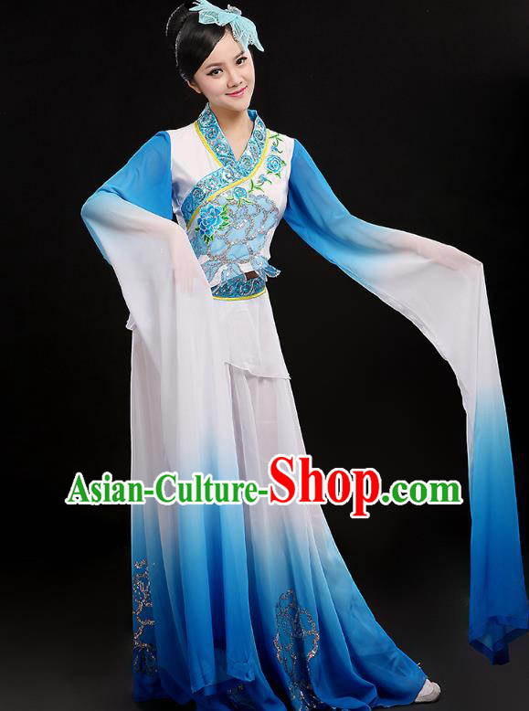 Chinese Umbrella Dance Blue Outfits Traditional Water Sleeve Dance Costume Classical Dance Clothing