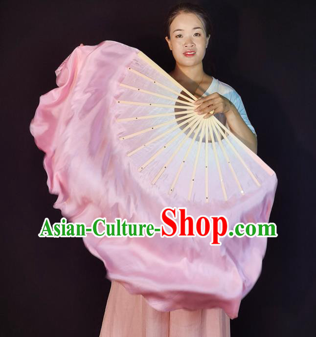 China Classical Dance Silk Fan Yangko Dance Folding Fan Pink Long Ribbon Prop Fan