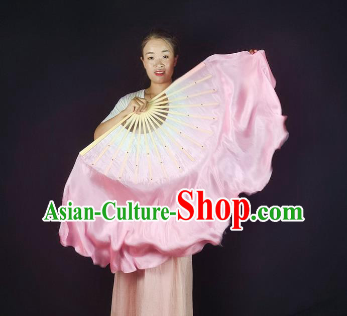 China Classical Dance Silk Fan Yangko Dance Folding Fan Pink Long Ribbon Prop Fan