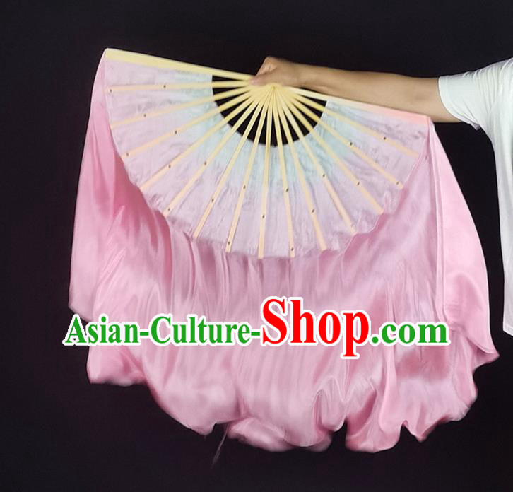 China Classical Dance Silk Fan Yangko Dance Folding Fan Pink Long Ribbon Prop Fan