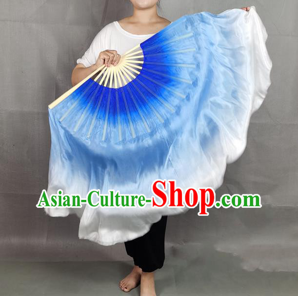 China Yangko Dance Folding Fan Blue Long Ribbon Prop Fan Classical Dance Silk Fan