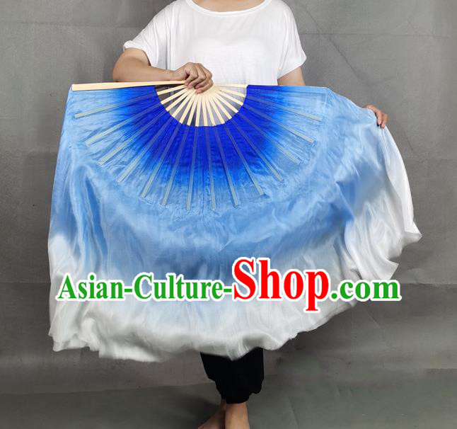 China Yangko Dance Folding Fan Blue Long Ribbon Prop Fan Classical Dance Silk Fan