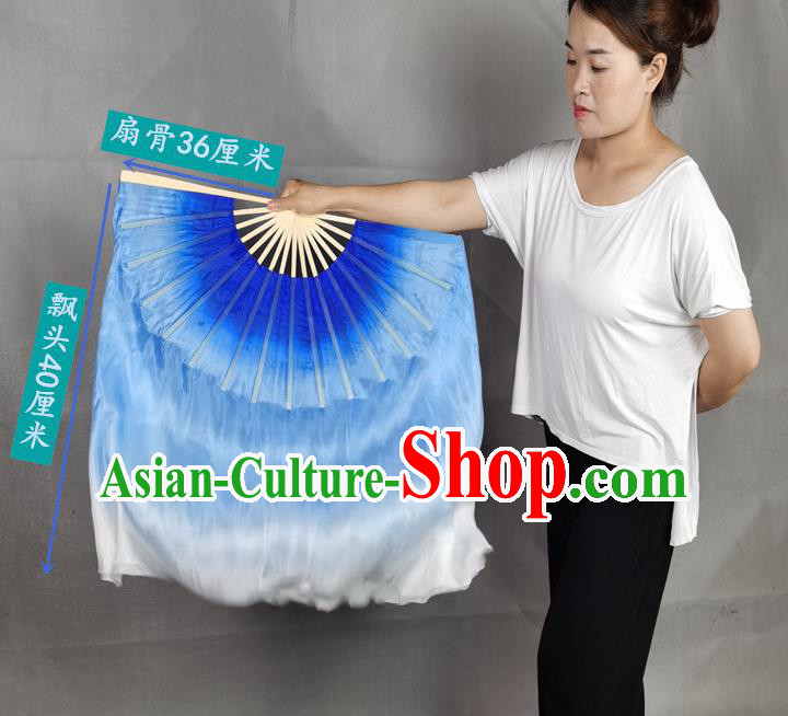 China Yangko Dance Folding Fan Blue Long Ribbon Prop Fan Classical Dance Silk Fan
