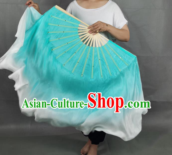 China Classical Dance Blue Silk Fan Jiaozhou Yangko Dance Folding Fan Group Dance Long Ribbon Fan