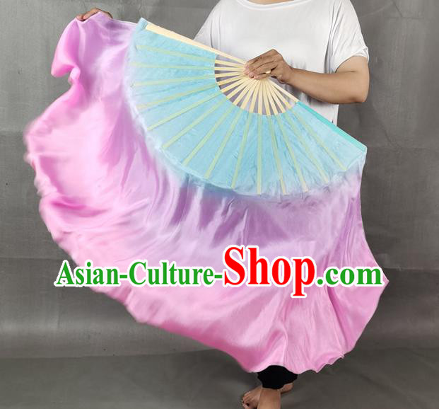 China Yangko Dance Folding Fan Group Dance Pink Long Ribbon Fan Classical Dance Blue Silk Fan