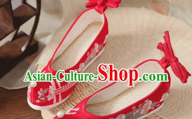 China Handmade Bride Red Bow Shoes Wedding Shoes Embroidered Lute Shoes