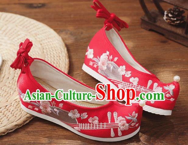 China Handmade Bride Red Bow Shoes Wedding Shoes Embroidered Lute Shoes