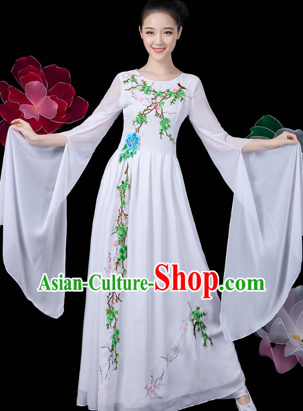 Chinese Classical Dance Clothing Umbrella Dance Embroidered White Dress Traditional Woman Solo Dance Costume