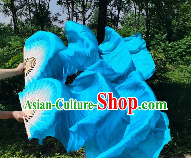 China Classical Dance Bamboo Fan New Year Yangko Dance Performance Folding Fan Blue Silk Long Ribbon Fan