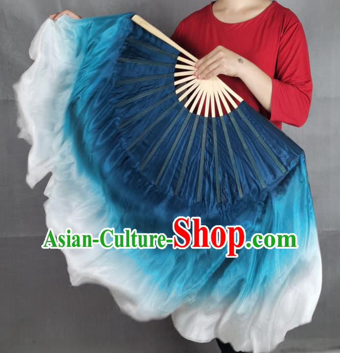 China Yangko Dance Performance Fan Blue Silk Long Ribbon Fan Handmade Double Side Folding Fan