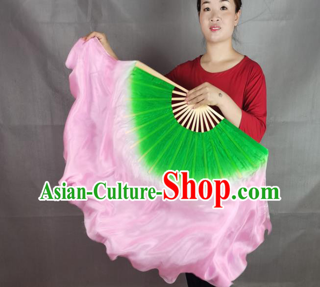 China Lotus Dance Silk Fan Yangko Dance Bamboo Fan Pink Silk Long Ribbon Folding Fan