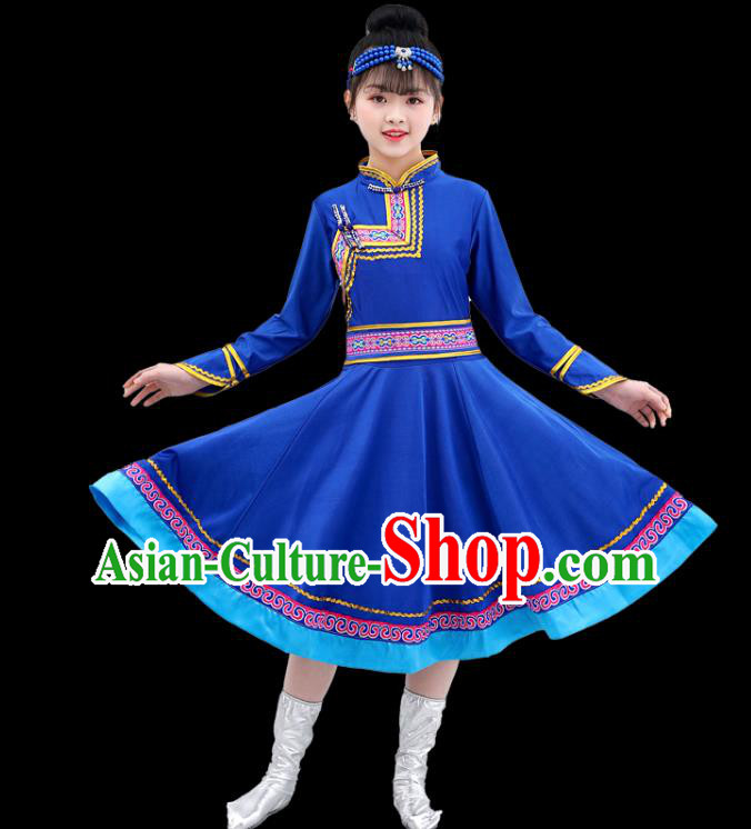 Chinese Traditional Mongolian Nationality Children Royalblue Short Dress Ethnic Stage Performance Costume