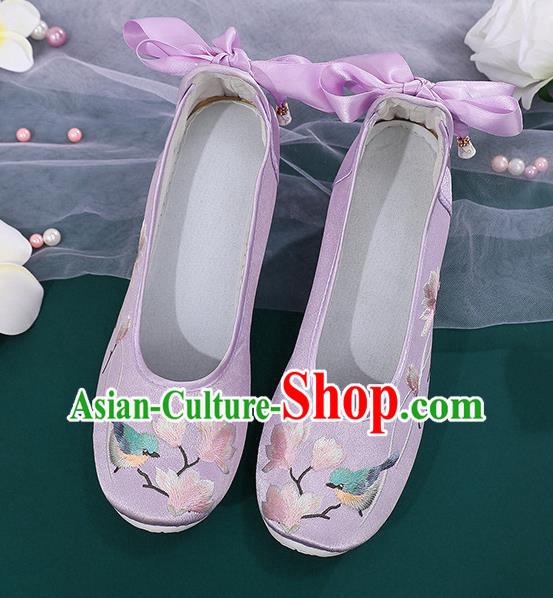 China National Violet Cloth Shoes Traditional Princess Shoes Embroidered Mangnolia Bird Shoes