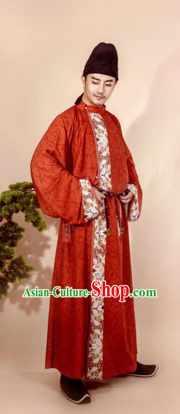 China Ancient Tang Dynasty Swordsman Historical Clothing Red Silk Round Collar Robe
