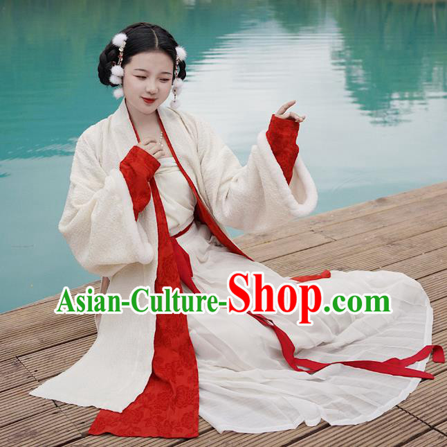China Traditional Song Dynasty Winter Historical Clothing Ancient Young Lady Hanfu Dress Apparels Full Set