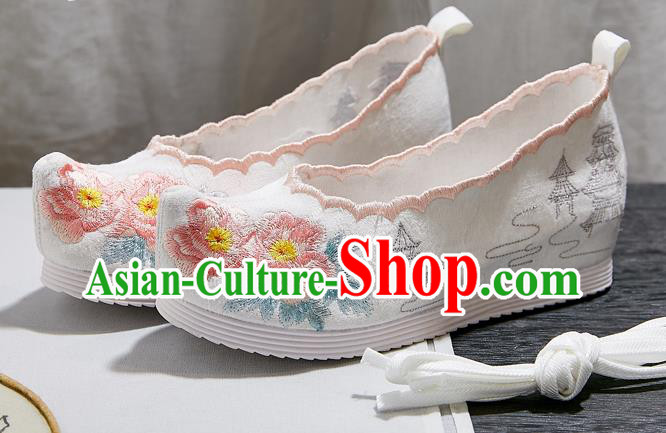 China National Bow Shoes Traditional Princess Hanfu Shoes Embroidered Peony White Cloth Shoes