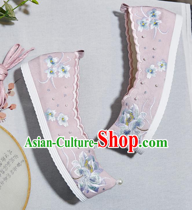 China Embroidered Lotus Pink Shoes National Bow Shoes Traditional Princess Hanfu Pearls Shoes