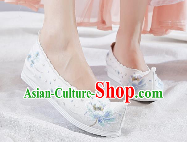 China Traditional Princess Hanfu Pearls Shoes Embroidered Lotus White Shoes National Bow Shoes