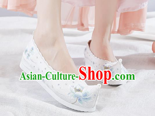 China Traditional Princess Hanfu Pearls Shoes Embroidered Lotus White Shoes National Bow Shoes