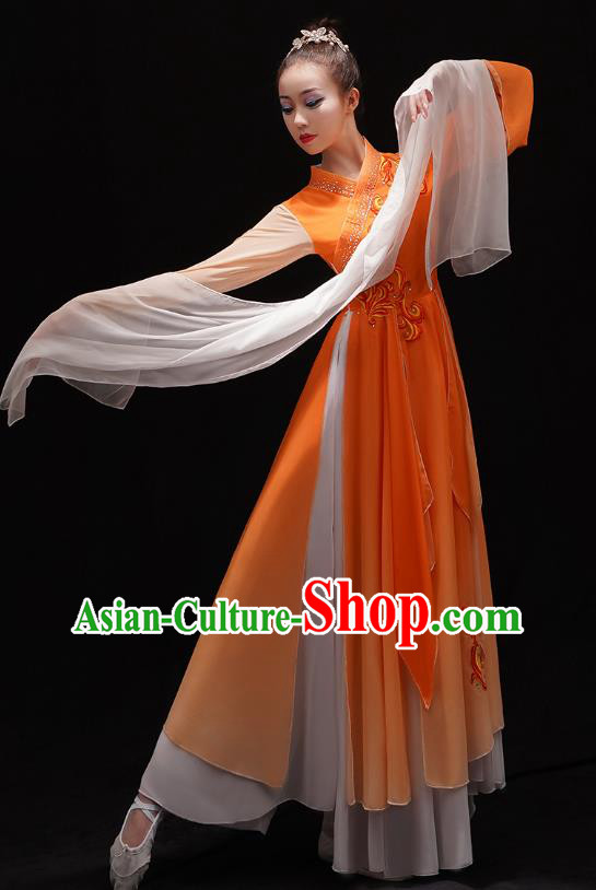 Chinese Traditional Woman Water Sleeve Dance Orange Dress Jiangnan Umbrella Dance Outfits Classical Dance Clothing