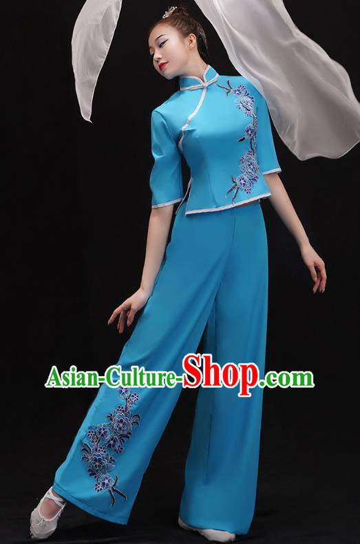 China Folk Dance Fan Dance Clothing Women Group Dance Performance Costume Yangko Dance Blue Uniforms