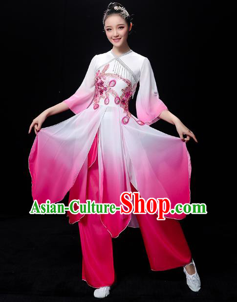 Chinese Jasmine Dance Dress Traditional Umbrella Dance Rosy Outfits Classical Dance Clothing