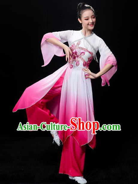 Chinese Jasmine Dance Dress Traditional Umbrella Dance Rosy Outfits Classical Dance Clothing