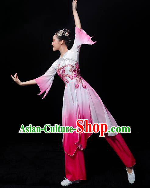 Chinese Jasmine Dance Dress Traditional Umbrella Dance Rosy Outfits Classical Dance Clothing