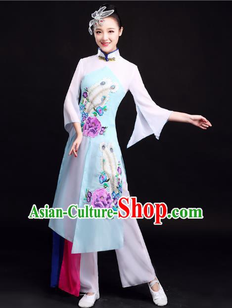 Chinese Female Solo Dance Performance Dress Traditional Umbrella Dance Blue Outfits Classical Dance Clothing
