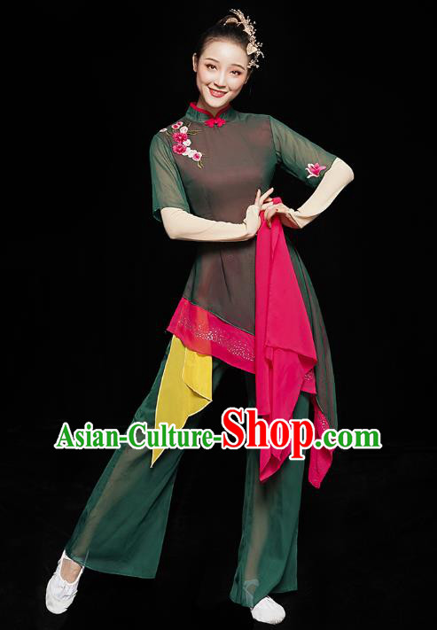 China Folk Dance Clothing Woman Yangge Dance Costume Yangko Dance Performance Dark Green Uniforms