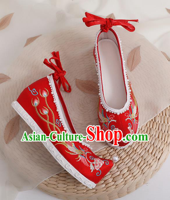 China Traditional Ming Dynasty Princess Shoes Wedding Red Cloth Shoes Embroidered Phoenix Peony Shoes