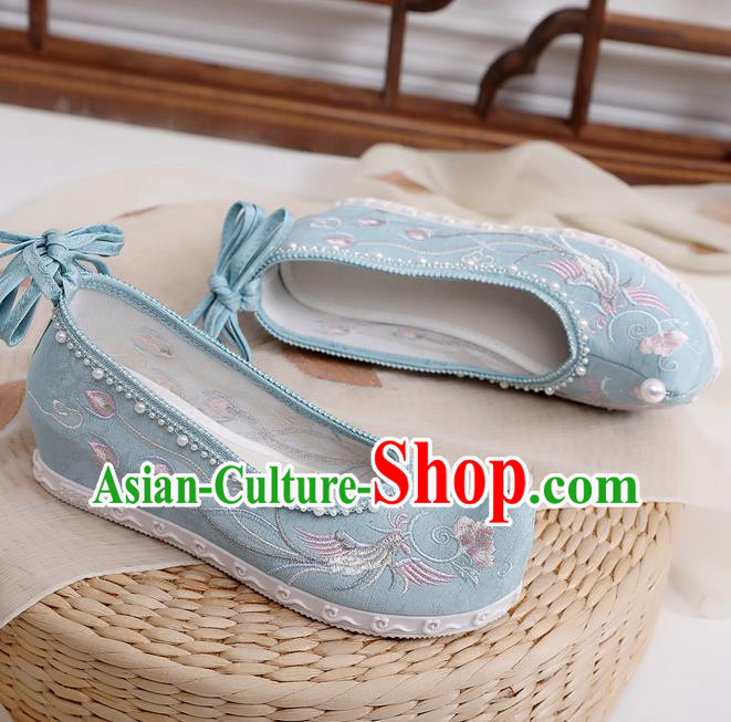China Hanfu Blue Cloth Shoes Embroidered Phoenix Peony Shoes Traditional Ming Dynasty Princess Shoes