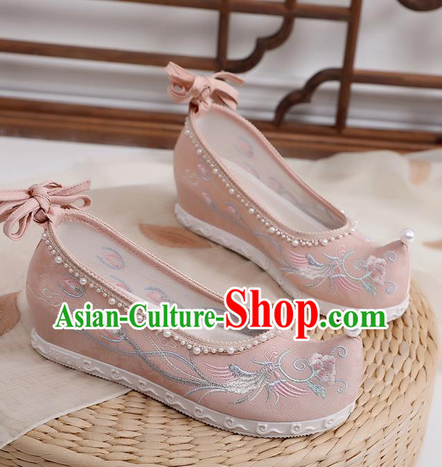 China Traditional Ming Dynasty Princess Shoes Hanfu Pink Cloth Shoes Embroidered Phoenix Peony Shoes