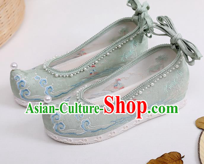 China Traditional Ming Dynasty Bow Shoes Embroidered Green Cloth Shoes Ancient Princess Hanfu Shoes
