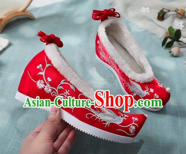 Chinese Embroidered Phoenix Red Cloth Shoes National Winter Wedding Shoes Classical Dance Wedge Heel Shoes