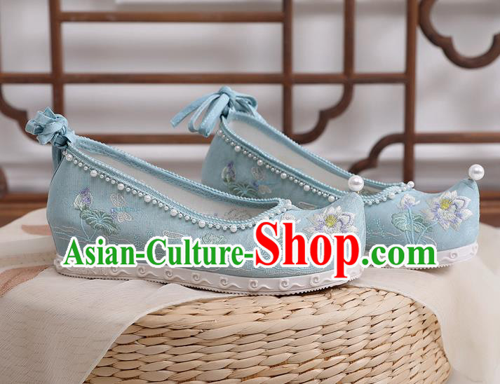 China Hanfu Bow Shoes Traditional Ming Dynasty Princess Shoes Embroidered Lotus Blue Cloth Shoes