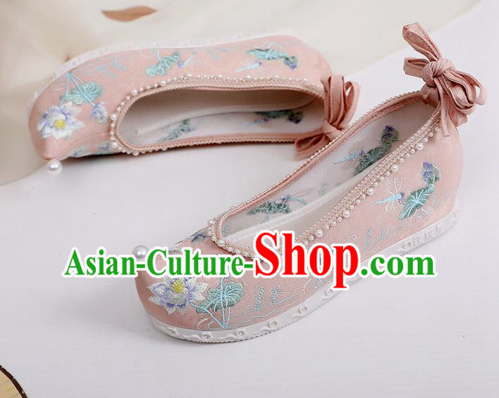 China Embroidered Lotus Pink Cloth Shoes Hanfu Bow Shoes Traditional Ming Dynasty Shoes Princess Shoes