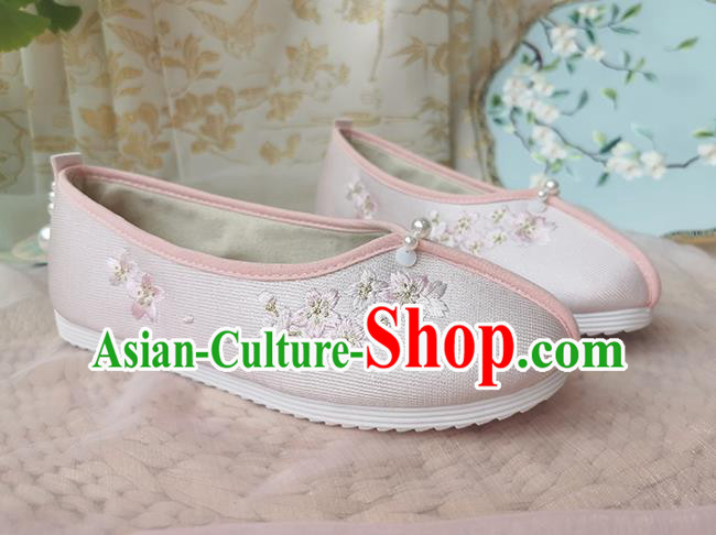 China Traditional Hanfu Pink Cloth Shoes Song Dynasty Pearls Embroidered Shoes Ancient Young Lady Shoes